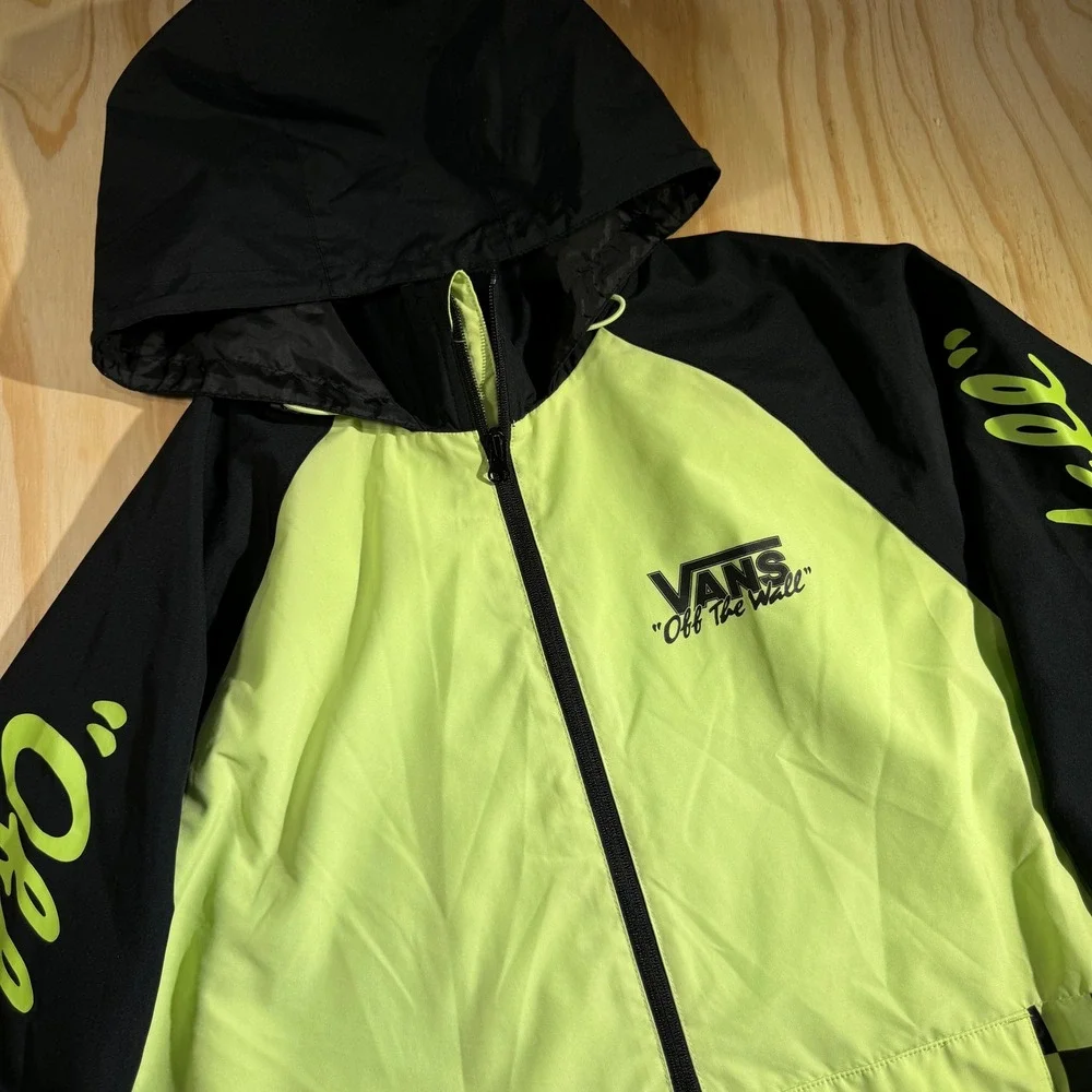 Vans Off The Wall Mens Medium Neon Green Black Checkerboard Anorak Windbreaker
